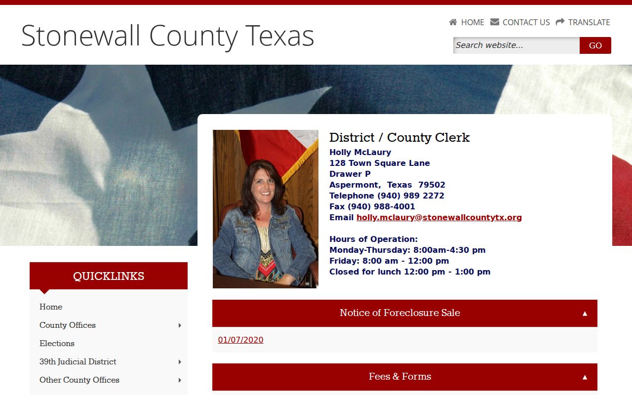 Stonewall County criminal court case clerk contact page