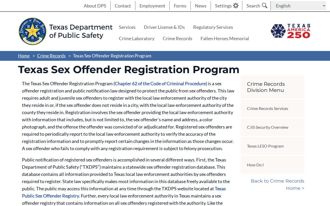 Texas DPS sex offender registration program information for Stonewall County
