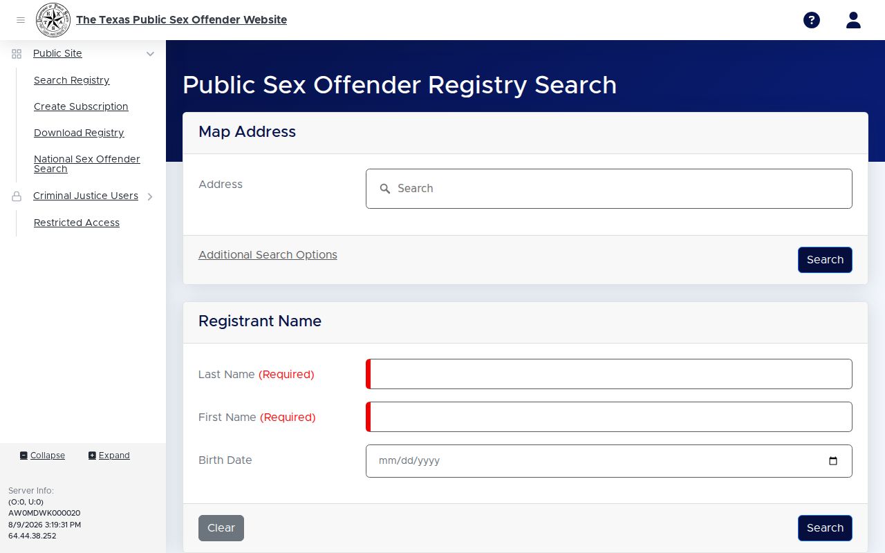 Stonewall County sex offender registry search form from Texas DPS
