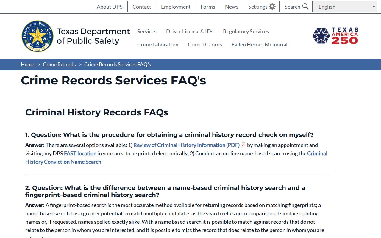 Stonewall County criminal history DPS record product FAQ